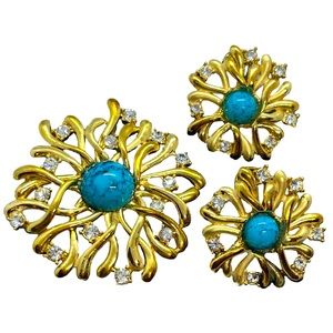 EB signed vintage gold tone pendant and earrings faux turquoise rhinestone set